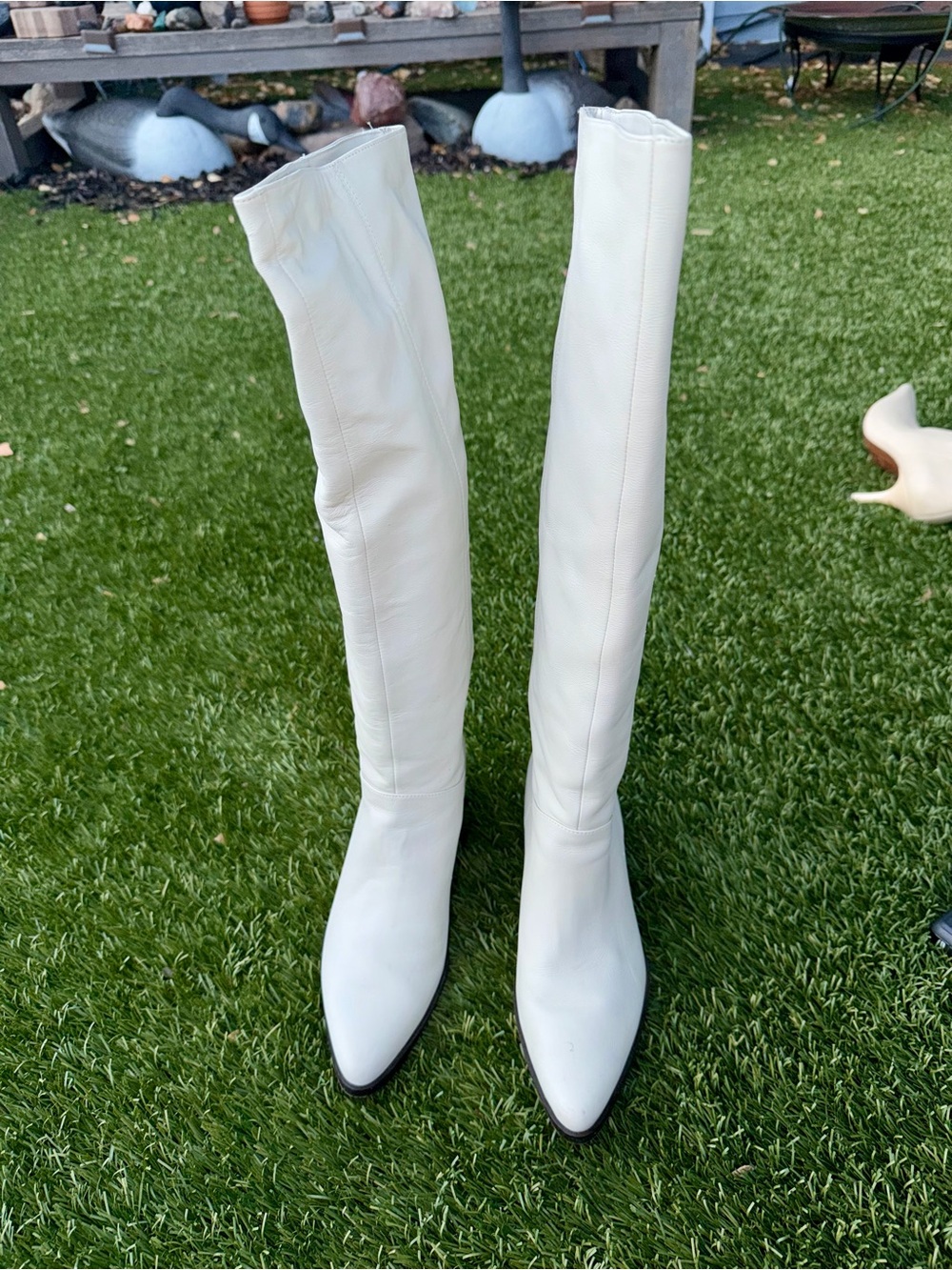 Vince White Leather Knee High Boots Stacked Wedge Heel Sz 6.5